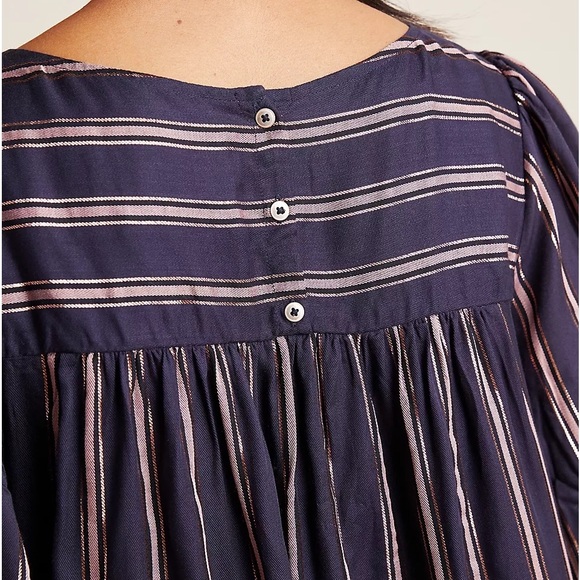 By Anthropologie Navy & Metallic Striped Tie Short Sleeve Peasant Blouse Top - Picture 6 of 15